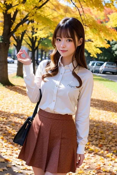 ((Best Quality)), ((masterpiece)), (detailed), Real, One Japanese girl, autumn, skirt,  shirt,  university student, Blonde, Autumn leaf viewing, Half Up, Wave,