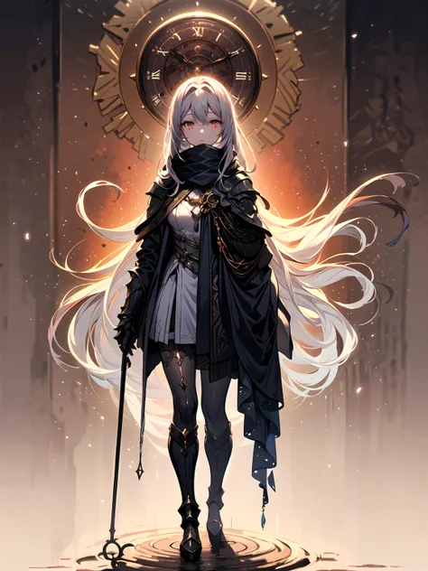 (((masterpiece, best quality, high detailed, 16k))) (1girl) A stunning goddess of time, with long silver hair that flows as if caught in an endless wind, and glowing golden eyes that see through all moments of time. Her armor is made of shimmering golden a...