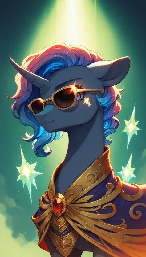 score_9,score_8_up,score_7_up,score_6_up, Visual-Kei pony, sunglasses, glowing backlight, whimsical, enchanted, magical, fantasy art concept, intricate details,