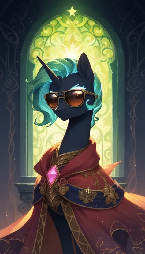 score_9,score_8_up,score_7_up,score_6_up, Visual-Kei pony, sunglasses, glowing backlight, whimsical, enchanted, magical, fantasy art concept, intricate details,