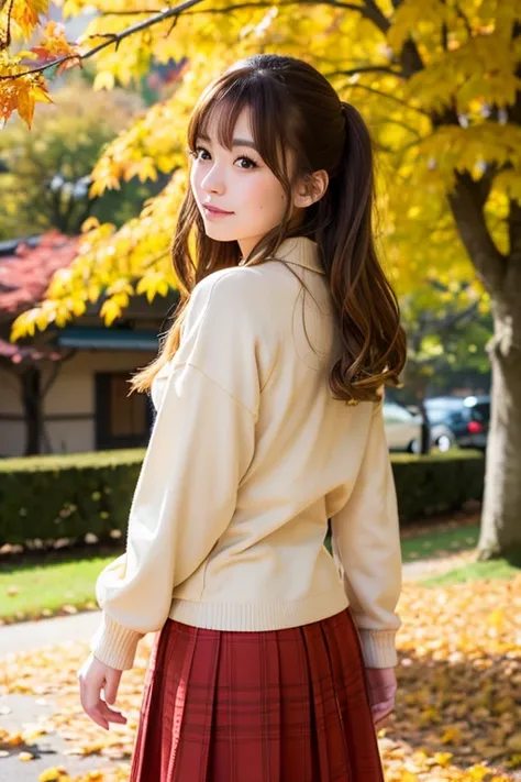 ((Best Quality)), ((masterpiece)), (detailed), Real, One Japanese girl, autumn, skirt,  shirt,  university student, Blonde, Half Up, Autumn leaf viewing, Wave,