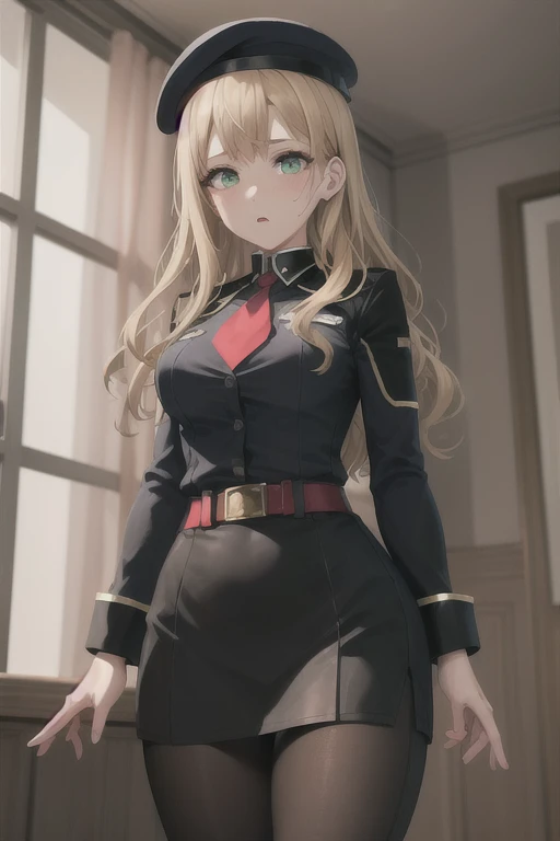 best quality, (masterpiece:1.2), illustration, absurdres, close-up, view from below,
(1girl, solo), (beautiful detailed girl), 
Mireille, blond hair, long hair, green eyes, big breasts,
military uniform, black beret, black shirt, black skirt, leggings, red...