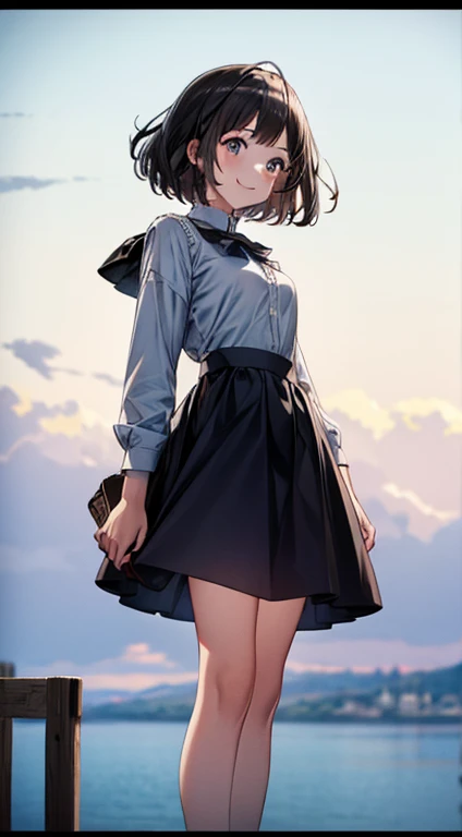 full body、Black Hair,Short Hair、Age 28、smile、Small breasts、midi skirt、White Skirt、Fluttering skirt