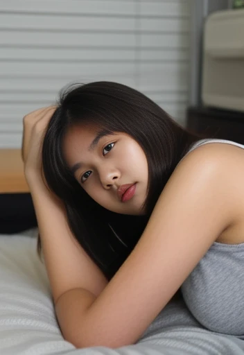 Cute Girl, twenty years old, sexy body, cute indonesian face, brown skin,  sleep, crying eyes, camera focus on  her ass