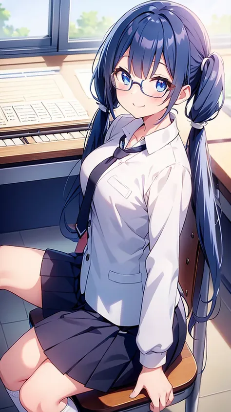 Anime Girls, Twin tails, Glasses, White crew socks, Black loafers, blazer uniform, tie, Blue Hair, Piano playing, classroom　Sitting in a chair, 8K resolution, Blue Eyes, smile, 1人の女の子