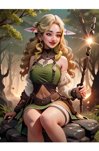 ((sepia)),Illustration,vision,Landscape painting,door,(Full Focus: 1.5), (whole body: 1.5), (Standing with feet together: 1.2), (Fantasy forest halfling with shiny light blonde hair in a dynamic pose, Smiling and dreamily sitting on a rock:1.3), Ponytail G...