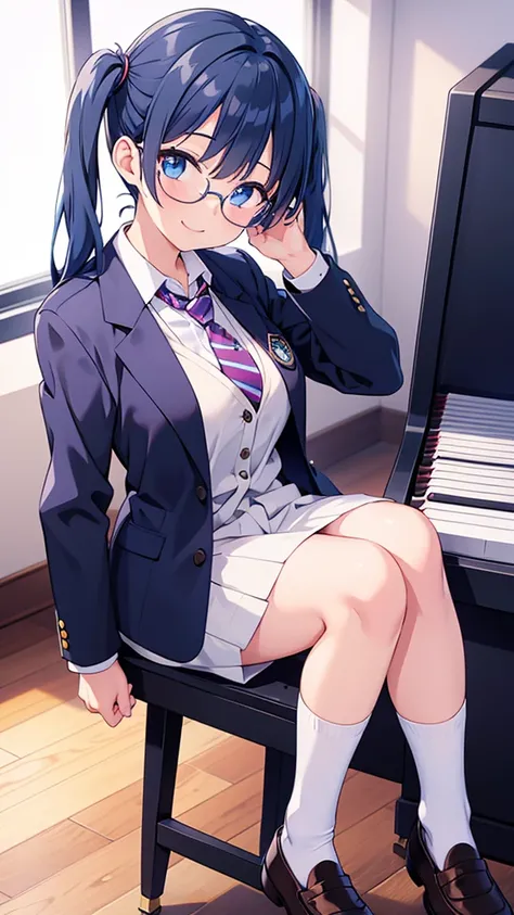 Anime Girls, Twin tails, Glasses, White crew socks, Black loafers, blazer uniform, tie, Blue Hair, Piano playing, classroom　Sitting in a chair, 8K resolution, Blue Eyes, smile, 1人の女の子