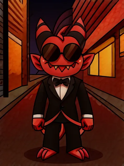 imp wearing a black suit, and black and and black sunglasses, street background