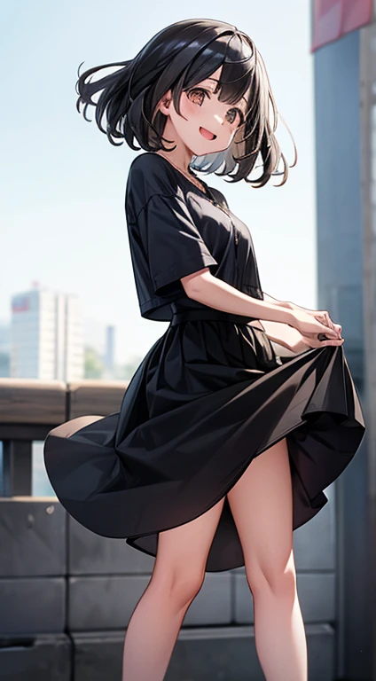 full body、shoot from below、Black Hair,Short Hair、Age 28、smile、Small breasts、White Skirt、Fluttering skirt、Casual clothing