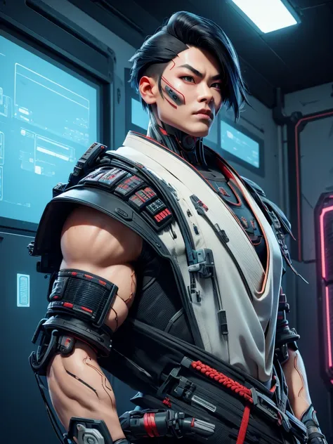 cyberpunk samurai, cyberpunk face enhancement, asian man ,in Japanese armor! white top of kimono siut!, cyberpunk prosthetic arm, cyberpunk face cyberware, male with black hair, cybernetic face enhancement, Xtreme, big muscle, cyberpunk Japanese kimono cot...