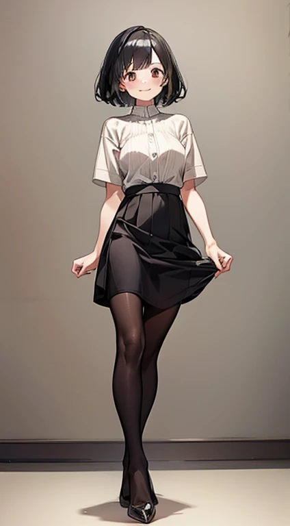 full body、shoot from below、Black Hair,Short Hair、Age 28、smile、Small breasts、White Skirt、Casual clothing、Wearing pantyhose