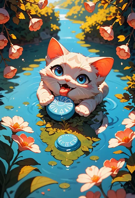 score_9, score_8_up, score_7_up, an adorable cat frolicking, ambient spring, white,blue and pink tetradic colors