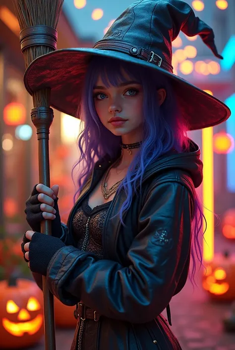 A very beautiful & attractive young girl with Australian  face, wearing a cyberpunk armory designed like a witch wearing a cyberpunk designed witch head band, holding gaint illuminating broom, with witch design & hats, full body viewing details, camel toe,...