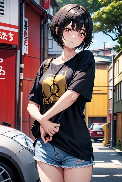 Black Haired Woman , Short Hairstyle , Right eye is red , Golden left eye , Wear a comfortable t-shirt.  , Located in a residential area in Japan , Sly smile , Holding a revolver with the right hand