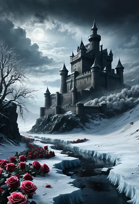 masterpiece, high quality, 8k ultra hd, highly detailed, an evil fortress, winter, ice, roses, dark ambient environment, ominous...