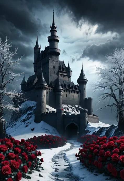 masterpiece, high quality, 8k ultra hd, highly detailed, an evil fortress, winter, ice, roses, dark ambient environment, ominous...