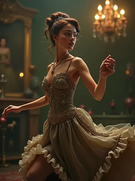 a woman dancing in a dress wearing a monocle