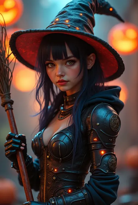 A very beautiful & attractive young girl with Australian  face, wearing a cyberpunk armory designed like a witch wearing a cyberpunk designed witch head band, holding gaint illuminating broom, with witch design & hats, full body viewing details, camel toe,...