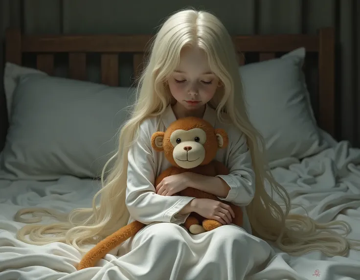 A girl with long bone hair, wearing white long robe pajamas, hugging a monkey dall on the bed.