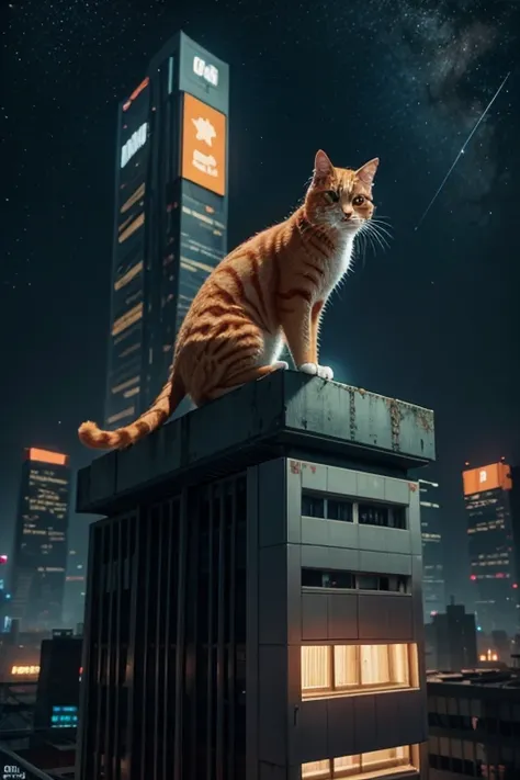 Orange cat on top of a building, in a cyberpunk city looking at the stars. Pixel Art