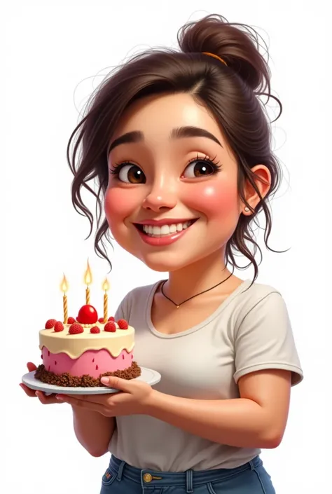 4d caricature,30 year old Indonesian woman,wearing casual clothes,healthy body, solid, slightly fat,holding birthday cake,cheerful face ,plain white begron,Ultra HD,super image quality,ultra detail,16K