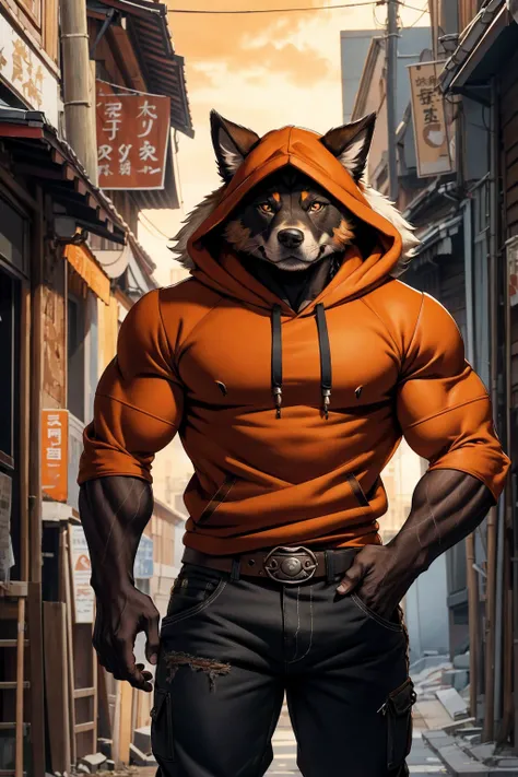 copperrtf, masterpiece, best quality, absurd res, by kiyosan, by null-ghost, furry, dog, male, muscular, solo, hoodie, pants, black pupils, black eyes, thick eyebrows, orange fur, brown fur, (scar on eye:0.9), looking at viewer, detailed fur, fluffy, tail,...