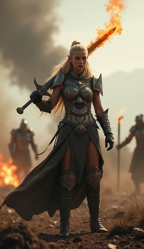 Elf, warrior woman in chainmail armour weilding a flaming sword. She is a fierce warrior on the battlefield, Street photography, Low angle, Natural lighting , Battlefield, orcs enemies in the background.