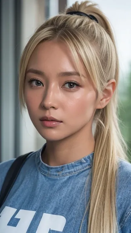 20 years old、woman、university student、(Casual Fashion), Blonde ponytail、Looking into the camera、Model、Cool look、Harsh eyes、Intimidating、Narrow eyes、Perfect Style、High image quality、High resolution、High resolution, masterpiece, Anatomically correct, Ultra h...