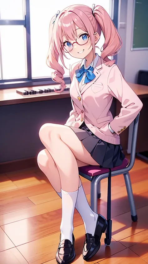 Anime Girls, Twin tails, Glasses, White crew socks, Black loafers, blazer uniform, tie, Pink Hair, Piano playing, classroom　Sitting in a chair, 8K resolution, Blue Eyes, smile, 1人の女の子