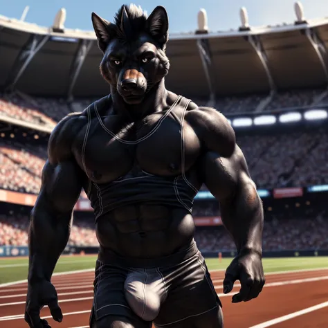 (Fox), (((black mohawk))), (((((black body:1.3))))), (((((black chest:1.3))))), (((((black head:1.3))))), (((black sclera))), ((white eyes)), (detailed beautiful face), (detailed erected bulge), (((((athlete tanktop))))), (((tight athlete short))), ((((run...