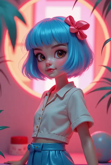 A cute, pretty and delicate character, pale skin, short blue hair and medium brown eyes, 80s clothing style, the setting with the same vibe and the character cheerful and stylish. 