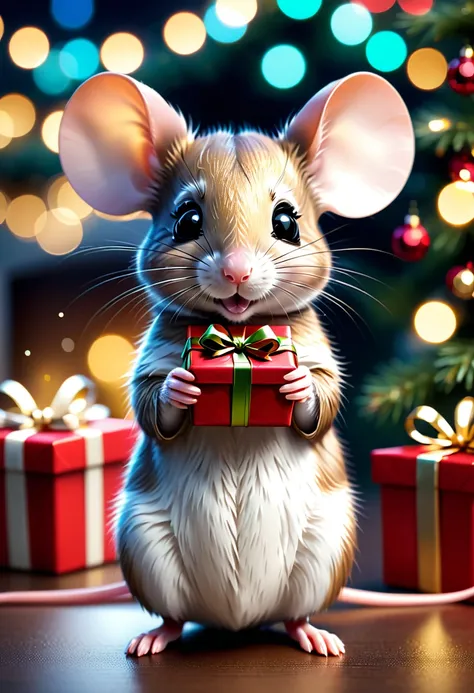 ultra detailed cute mouse holding a Christmas gift, shimmer, bokeh