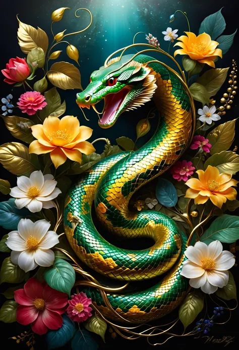  masterpiece, high quality, 8K Ultra HD, highly detailed, masterpiece, best quality, (((serpent))), flowers, vines, wide angle, rich textures, professional artwork, high contrast, vividly defined colors, eye-popping palette, elegance in motion, shimmer gol...