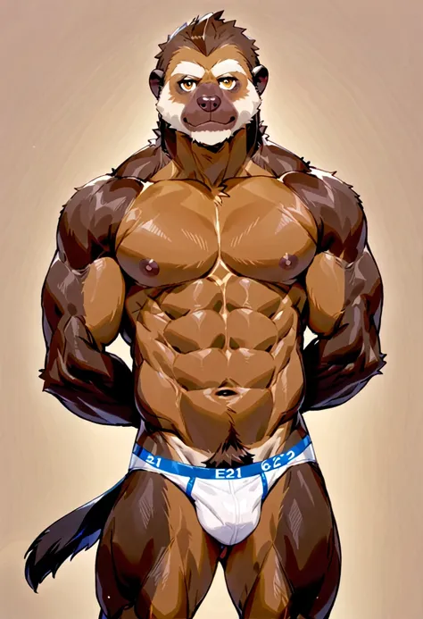 solo, furry, anthro, Capuchin, male, E621, small tail, standing, arms behind back, extreme muscular body, wearing underwear, plain background, front view, by bebebebebe
