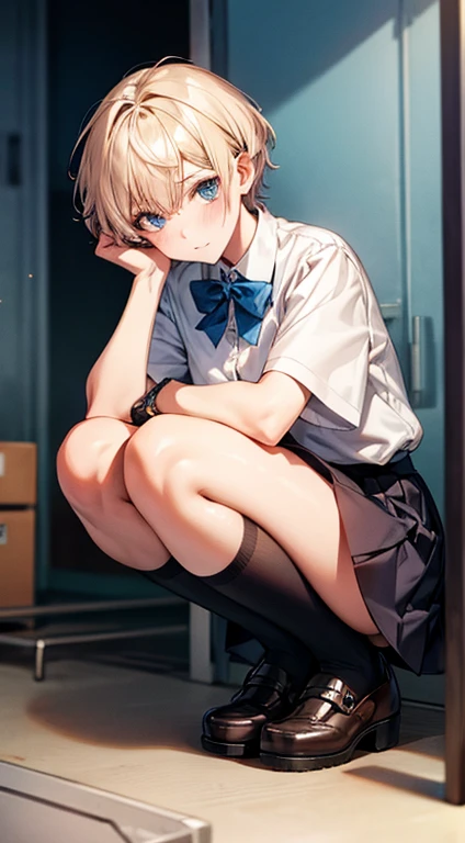 Short-haired high school girl,Squat down a little