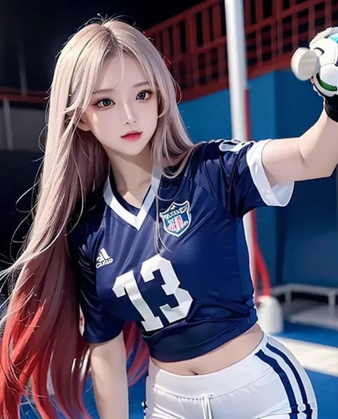 Woman with long hair straight, football jersey 70 in shirt, high detailed, realistic, ultra realistic, football skin t shirt and ((football short pant)), blue football skin shirt, hand gloves goal kick ,as goal keeper ((red eyes))