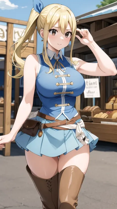 masterpiece, best quality, highres, lucy heartfilia, blonde hair, long hair, side ponytail, blue ribbon, large breasts, earrings, thigh boots, blue shirt, sleeveless shirt, white skirt, town, market stall, outdoors, walking,  cowboy shot, eating, bread