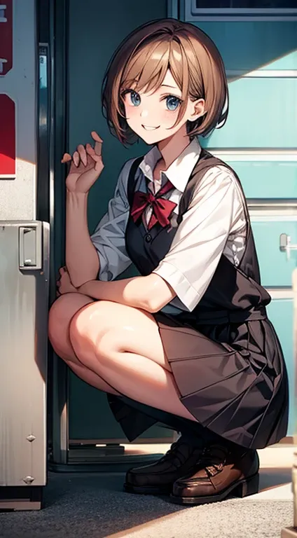 Short-haired high school girl,Squat down a little,smile