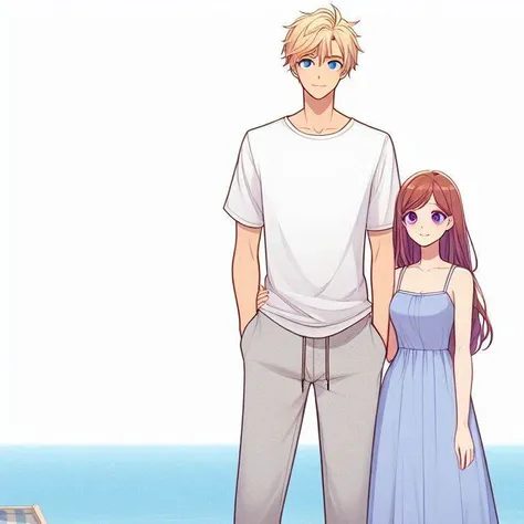 anime image of a man and a woman standing on a beach, standing beside the ocean, standing at the beach, official fanart, standing near the beach, shoujo romance, !!full body portrait!!, tall and slim, ben maier and sakimichan, at the beach, tall anime guy ...