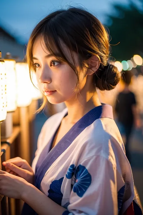 ((Best Quality)), ((masterpiece)), (detailed), Real, One Japanese girl, summer, night, firework, festival, morning glory, yukata, university student, Blonde, Half Up, Wave,