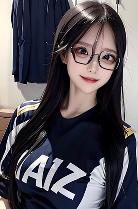 A woman smile, football t-shirt blue suit black, jersey 05, football suit, long hair straight, high detailed, realistic, ultra realistic, ((smart glasses eyes and smile)),