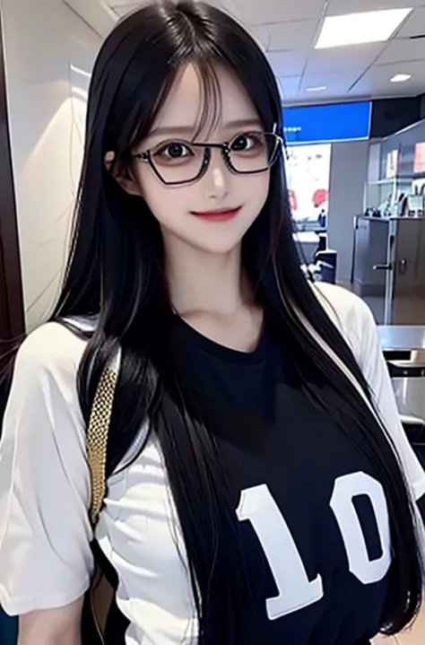 A woman smile, football t-shirt blue suit black, jersey 05, football suit, long hair straight, high detailed, realistic, ultra realistic, ((smart glasses eyes and smile)),