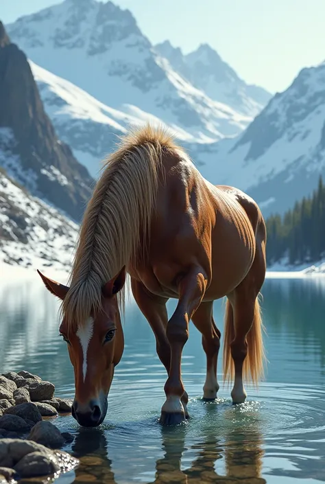 A centaur in the snowy mountains washes himself by the lake, realistic photo