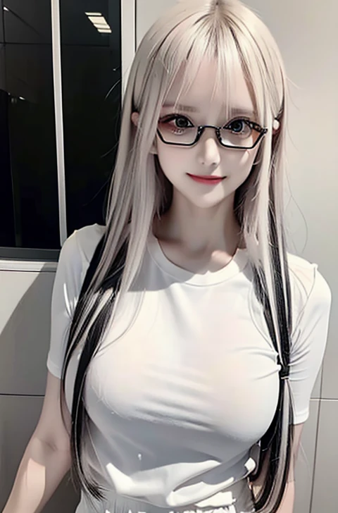 A woman smile, black t-shirt, green skinny long pant, white hair color, long hair straight, high detailed, realistic, ultra realistic, ((smart glasses eyes and smile)),