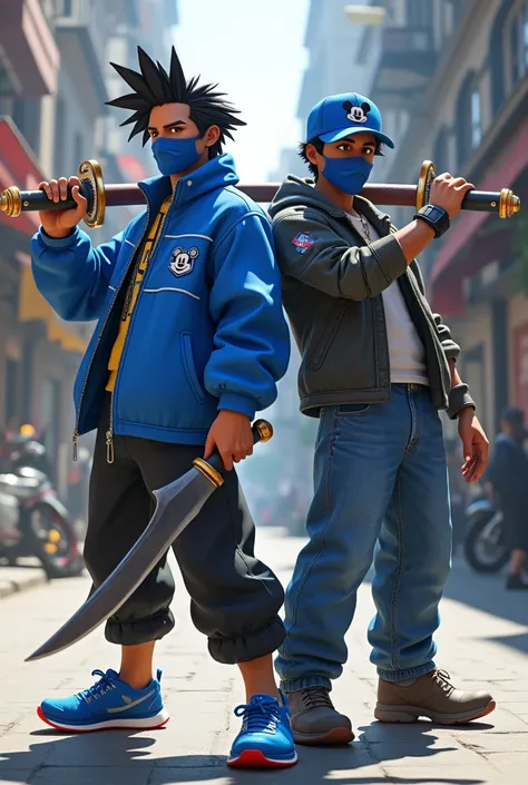 Accurate. 2 Filipino man is wielding a Keyblade. Kingdom Hearts 3 art style. Filipino man is wearing a blue jacket with a Mickey Mouse logo on his left chest, Oversized Jeans, Blue shoes, and blue cap with a Mickey Mouse logo on it. Filipino man has tan sk...