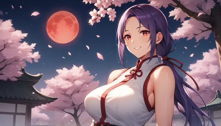 Score_9, Score_8_up, Score_7_up, One Girl,smile, Hirokazu Koyama ,Sweaty,sexy,Pixel Perfect,Large Breasts,Anatomically correct, 名作非常にdetailed,8k, (background,Cherry blossoms at night,Red Moon,detailed),(Fits your body,White rider suit,Sleeveless),, Red eye...