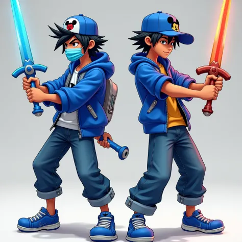 Accurate. 2 Filipino man is wielding a Keyblade. Kingdom Hearts 3 art style. Filipino man is wearing a blue jacket with a Mickey Mouse logo on his left chest, Oversized Jeans, Blue shoes, and blue cap with a Mickey Mouse logo on it. Filipino man has tan sk...