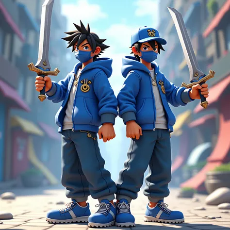 Accurate. 2 Filipino man is wielding a Keyblade. Kingdom Hearts 3 art style. Filipino man is wearing a blue jacket with a Mickey Mouse logo on his left chest, Oversized Jeans, Blue shoes, and blue cap with a Mickey Mouse logo on it. Filipino man has tan sk...