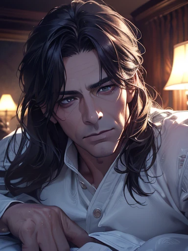 (best quality,4K,【8k,High resolution,artwork:1.2),Super detailed,(Realistic,photoRealistic,photo-Realistic:1.37)，1 male，older man，long dark hair，very beautiful，Ghost，Dazzling appearance，perfect face shape，Bedroom，On the bed，movie lighting