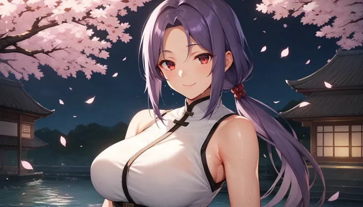 Score_9, Score_8_up, Score_7_up, One Girl,smile, Hirokazu Koyama ,Sweaty,sexy,Pixel Perfect,Large Breasts,Anatomically correct, 名作非常にdetailed,8k, (background,Cherry blossoms at night,detailed),(Fits your body,White rider suit,Sleeveless),, Red eyes, ( Long...